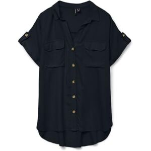 VERO MODA kortärmad randig skjorta för kvinnor med bröstfickor och knappslå, Svart, S VERO MODA kortärmad randig skjorta för kvinnor med bröstfickor och knappslå, Svart, S