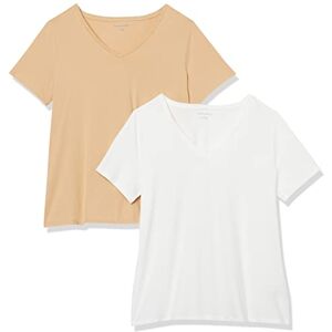 Amazon Essentials dam klassisk passform kortärmad v-ringad t-shirt, paket med 2, vit/ljus kamel, 2X Amazon Essentials dam klassisk passform kortärmad v-ringad t-shirt, paket med 2, vit/ljus kamel, 2X