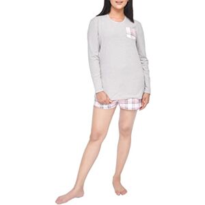 Sleepdown Dam pyjamas 2-delad kortärmad ficka t-shirt & rutig kort set casual myskläder nattkläder, grå rosa, XL Sleepdown Dam pyjamas 2-delad kortärmad ficka t-shirt & rutig kort set casual myskläder nattkläder, grå rosa, XL