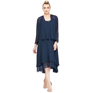 S.L. Fashions Women's Mother of The Bride Dress with Embellished Neckline & Shoulder, Wedding Guest (Petite and Regular Sizes), Navy, 10P S.L. Fashions Women's Mother of The Bride Dress with Embellished Neckline & Shoulder, Wedding Guest (Petite and Regular Sizes), Navy, 10P