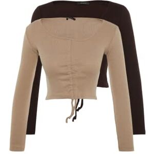 Trendyol Dam anpassad asymmetrisk V-hals stickad blus, Brun beige, M Trendyol Dam anpassad asymmetrisk V-hals stickad blus, Brun beige, M