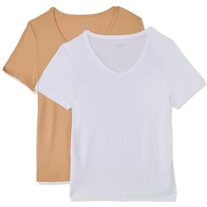 Amazon Essentials Women's Kortärmad V-ringad T-shirt smal passform, Pack of 2, Ljust kamelbrun/Vit, M Amazon Essentials Women's Kortärmad V-ringad T-shirt smal passform, Pack of 2, Ljust kamelbrun/Vit, M