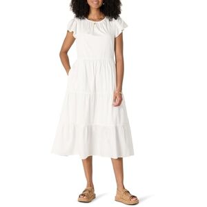 Amazon Essentials dam avslappnad passform bomull satin rund hals tiered midi-klänning, Vitt, XXS Amazon Essentials dam avslappnad passform bomull satin rund hals tiered midi-klänning, Vitt, XXS