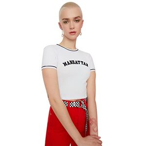 Trendyol Dam vit tryckt supercrop stickad blus, Vit, M Trendyol Dam vit tryckt supercrop stickad blus, Vit, M