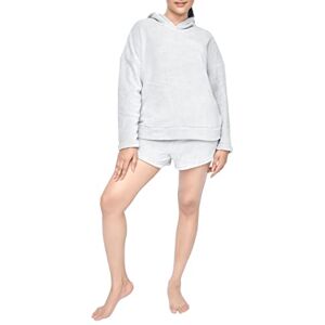 Sleepdown Kvinnors damer lyx 2-delad korallfleece huvtröja och kort set mysigt myskläder, Ljusgrå, L Sleepdown Kvinnors damer lyx 2-delad korallfleece huvtröja och kort set mysigt myskläder, Ljusgrå, L