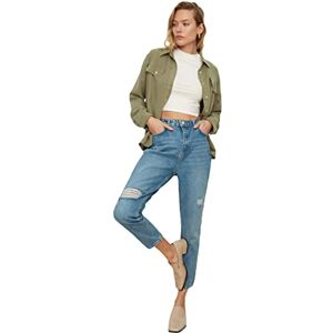 Trendyol Kvinnors mörkblå torn detaljerad hög midja mamma jeans, 42 Trendyol Kvinnors mörkblå torn detaljerad hög midja mamma jeans, 42