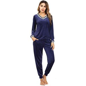 Irevial Dam velour hemmadräkt Nicki pyjamas lång vinter mjuk pyjamas kostym set tvådelad flanell träningsoverall topp och byxor med fickor, marinblå, XXL Irevial Dam velour hemmadräkt Nicki pyjamas lång vinter mjuk pyjamas kostym set tvådelad flanell träningsoverall topp och byxor med fickor, marinblå, XXL