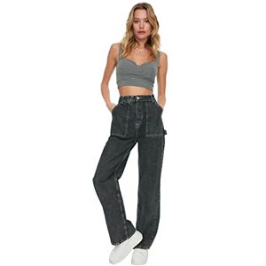 Trendyol Kvinnors mobil detaljerad hög midja 90-talet breda benjeans jeans, antracit, 36 Trendyol Kvinnors mobil detaljerad hög midja 90-talet breda benjeans jeans, antracit, 36