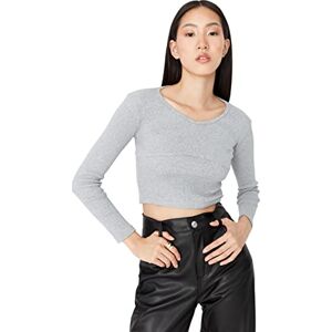 Trendyol Dam anpassad standard stickad blus med rund hals, Grå/svart, XS Trendyol Dam anpassad standard stickad blus med rund hals, Grå/svart, XS