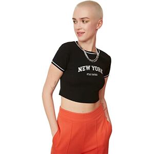 Trendyol Dam svart tryckt supercrop stickad blus, svart, L Trendyol Dam svart tryckt supercrop stickad blus, svart, L