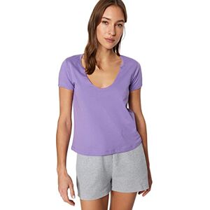 Trendyol Dam myskläder avslappnad standard V-ringad vävd T-shirt, Lila, S Trendyol Dam myskläder avslappnad standard V-ringad vävd T-shirt, Lila, S