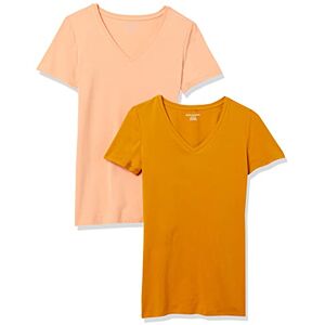 Amazon Essentials Women's Kortärmad V-ringad T-shirt klassisk passform, Pack of 2, Gyllengul/Korallorange, S Amazon Essentials Women's Kortärmad V-ringad T-shirt klassisk passform, Pack of 2, Gyllengul/Korallorange, S
