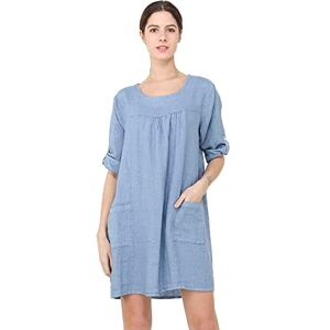 Bonateks Damklänning 100% linne tillverkad i Italien, kort rund hals klänning med fickor och fästbara långa ärmar, jeansblå, storlek: M, Jeans blå, M Bonateks Damklänning 100% linne tillverkad i Italien, kort rund hals klänning med fickor och fästbara långa ärmar, jeansblå, storlek: M, Jeans blå, M