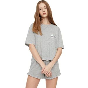 Trendyol kvinnor enkel volang detaljerad mellanstickad T-shirt-kort pyjamasset, Grå, S Trendyol kvinnor enkel volang detaljerad mellanstickad T-shirt-kort pyjamasset, Grå, S