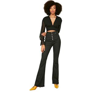 Trendyol Kvinnors svart främre knapp hög midja flare jeans, 44 Trendyol Kvinnors svart främre knapp hög midja flare jeans, 44