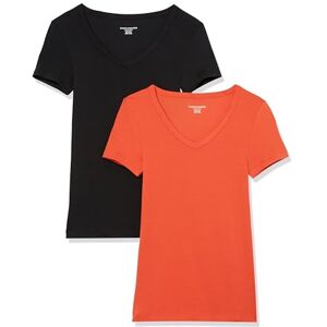 Amazon Essentials Women's Kortärmad V-ringad T-shirt smal passform, Pack of 2, Svart/Tomatröd, L Amazon Essentials Women's Kortärmad V-ringad T-shirt smal passform, Pack of 2, Svart/Tomatröd, L