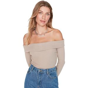 Trendyol Dam anpassad standard Carmen krage stickad blus, BEIgE, S Trendyol Dam anpassad standard Carmen krage stickad blus, BEIgE, S