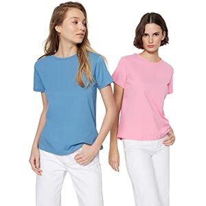 Trendyol Kvinnors indigo-rosa 100% bomull Suprem Bike Collar 2-pack stickad t-shirt, L Trendyol Kvinnors indigo-rosa 100% bomull Suprem Bike Collar 2-pack stickad t-shirt, L