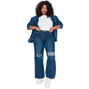 Trendyol Kvinnor plus storlek hög midja breda ben plus storlek jeans, Mörkblått, 72 SE Trendyol Kvinnor plus storlek hög midja breda ben plus storlek jeans, Mörkblått, 72 SE