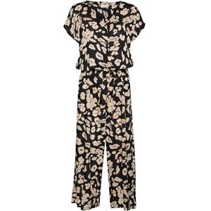 KAFFE Kvinnors Jumpsuit V-neck shorts ärmar beskurna längd breda ben fickor, Svart/sand leotryck, 42 KAFFE Kvinnors Jumpsuit V-neck shorts ärmar beskurna längd breda ben fickor, Svart/sand leotryck, 42