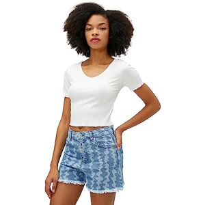 Koton kvinnor ribbad V-ringad kortärmad crop t-shirt, Ecru (010), XS Koton kvinnor ribbad V-ringad kortärmad crop t-shirt, Ecru (010), XS