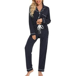 Leikar Button Up pyjamasset för kvinnor långärmad skjorta och pyjamasbyxor mjuka pyjamas loungeuppsättningar, Marinblå vita prickar, S Leikar Button Up pyjamasset för kvinnor långärmad skjorta och pyjamasbyxor mjuka pyjamas loungeuppsättningar, Marinblå vita prickar, S