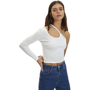 Trendyol Dam smal bodycon asymmetrisk krage stickad blus, Ecru, S Trendyol Dam smal bodycon asymmetrisk krage stickad blus, Ecru, S