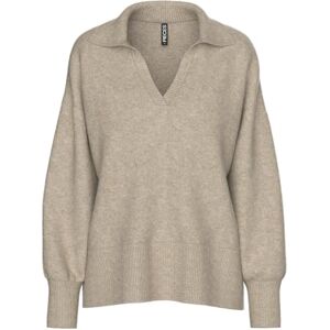 PIECES Pcmalou Ls Polo Knit Noos Bc, taupe grå, S PIECES Pcmalou Ls Polo Knit Noos Bc, taupe grå, S