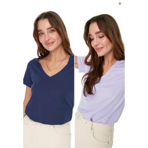 Trendyol Kvinnors lacivert-lila 100% bomull basic v-hals 2 paket stickad t-shirt, navy lila, XS Trendyol Kvinnors lacivert-lila 100% bomull basic v-hals 2 paket stickad t-shirt, navy lila, XS