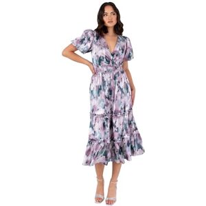 Lovedrobe Dam damer midi-klänning V-ringad kort puffärm omlott skjorta midja blommigt tryck volang passform och utsvängd bröllopsgäst, lila 20, Lila, 46 SE Lovedrobe Dam damer midi-klänning V-ringad kort puffärm omlott skjorta midja blommigt tryck volang passform och utsvängd bröllopsgäst, lila 20, Lila, 46 SE