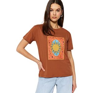 Trendyol Dam vanlig standard rundhalsad stickad T-shirt, Brun, S Trendyol Dam vanlig standard rundhalsad stickad T-shirt, Brun, S
