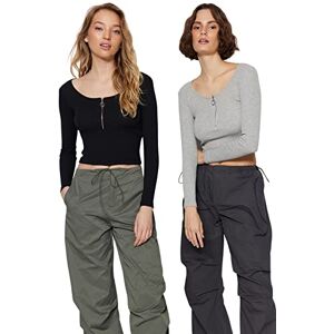 Trendyol Dam djup rund hals enfärgad figurnära blus, Svart-grå, XS Trendyol Dam djup rund hals enfärgad figurnära blus, Svart-grå, XS