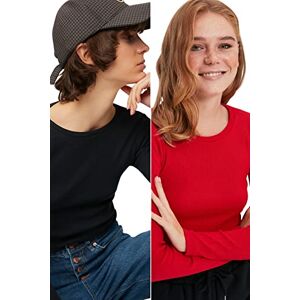 Trendyol Dam vanlig standard stickad blus med rund hals, Marinblå/röd, L Trendyol Dam vanlig standard stickad blus med rund hals, Marinblå/röd, L