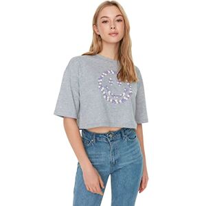 Trendyol Dam avslappnad basic rundhalsad stickad T-shirt, Grått, XS Trendyol Dam avslappnad basic rundhalsad stickad T-shirt, Grått, XS