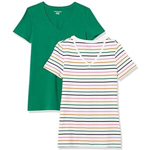 Amazon Essentials Women's Kortärmad V-ringad T-shirt klassisk passform, Pack of 2, Mörkgrön/Vit Rand, XS Amazon Essentials Women's Kortärmad V-ringad T-shirt klassisk passform, Pack of 2, Mörkgrön/Vit Rand, XS
