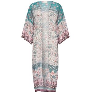 Cream Dam kimono öppen framsida lös passform mellanliggande längd 3/4 ärmar, Rosa och blå etnisk kant, One Size Cream Dam kimono öppen framsida lös passform mellanliggande längd 3/4 ärmar, Rosa och blå etnisk kant, One Size
