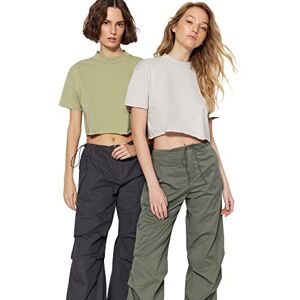 Trendyol Dam vanlig basic rundhalsad stickad T-shirt, Olja grön-sten, M Trendyol Dam vanlig basic rundhalsad stickad T-shirt, Olja grön-sten, M