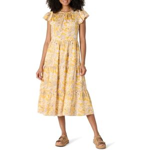 Amazon Essentials dam avslappnad passform bomull satin rund hals tiered midi-klänning, Gyllene gul beige multi folk blommig, M Amazon Essentials dam avslappnad passform bomull satin rund hals tiered midi-klänning, Gyllene gul beige multi folk blommig, M
