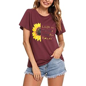 Irevial Damer sommar kortärmad, damer casual t-shirt maskros tryck t-shirt lös rund hals kvinnor enfärgad casual bokstav tryckta basic toppar elegant topp, Vinröd, L Irevial Damer sommar kortärmad, damer casual t-shirt maskros tryck t-shirt lös rund hals kvinnor enfärgad casual bokstav tryckta basic toppar elegant topp, Vinröd, L