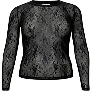 Kaffe Curve Plus-size dam långärmad t-shirt smal passform Crew neck nylon topp, Svart djup, S Stor Kaffe Curve Plus-size dam långärmad t-shirt smal passform Crew neck nylon topp, Svart djup, S Stor