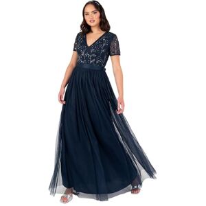 Maya Deluxe kvinnor kvinnor maxi kvinnor blommig paljett embellished V-hals kortärmad tyll sash slipsbälte empire A-line bridesmaid klänning, marinblå, 54 Maya Deluxe kvinnor kvinnor maxi kvinnor blommig paljett embellished V-hals kortärmad tyll sash slipsbälte empire A-line bridesmaid klänning, marinblå, 54