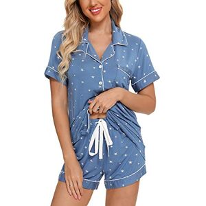 Senert Samring kvinnors Button Down-pyjamasset V-ringning kortärmad nattkläder mjuka pyjamasset S-XXL, A stil byxor nej, En stil inga shorts ficka-sjöblå med stjärna, M Senert Samring kvinnors Button Down-pyjamasset V-ringning kortärmad nattkläder mjuka pyjamasset S-XXL, A stil byxor nej, En stil inga shorts ficka-sjöblå med stjärna, M