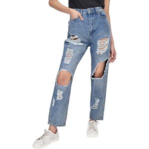 M17 Dam damer denim multi Rip Mom Jean hög midja klassisk casual bomullsbyxor byxor med fickor, Mellantvätt blå, 40 SE M17 Dam damer denim multi Rip Mom Jean hög midja klassisk casual bomullsbyxor byxor med fickor, Mellantvätt blå, 40 SE