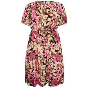 Kaffe Curve Plus-size damklänning knälängd korta ärmar midjebälte, Shoking rosa blomstertryck, 42/Stor Kaffe Curve Plus-size damklänning knälängd korta ärmar midjebälte, Shoking rosa blomstertryck, 42/Stor