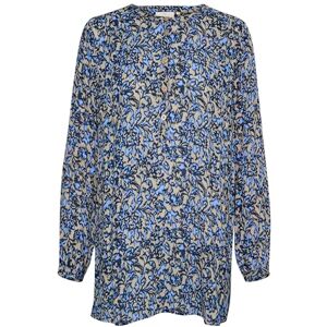 KAFFE Dam tunic rund hals knappar långa ärmar tryckt ledig passform dam, Elefantskin/blå grafikblomma, 34 KAFFE Dam tunic rund hals knappar långa ärmar tryckt ledig passform dam, Elefantskin/blå grafikblomma, 34