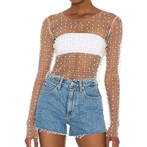 Naileksi Women Pearl Rhinestone Sheer Mesh Crop Top Sexy See Through Long Sleeve Slim Fit Cropped Blouse Shirt Clubwear Nude Naileksi Women Pearl Rhinestone Sheer Mesh Crop Top Sexy See Through Long Sleeve Slim Fit Cropped Blouse Shirt Clubwear Nude