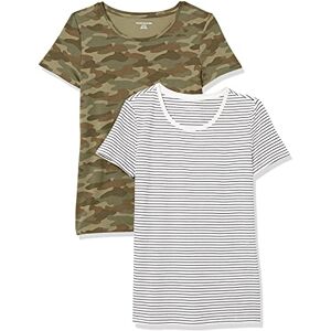 Amazon Essentials Women's Kortärmad T-shirt med rund hals klassisk passform, Pack of 2, Olivgrön Kamouflage/Vit Rand, XL Amazon Essentials Women's Kortärmad T-shirt med rund hals klassisk passform, Pack of 2, Olivgrön Kamouflage/Vit Rand, XL