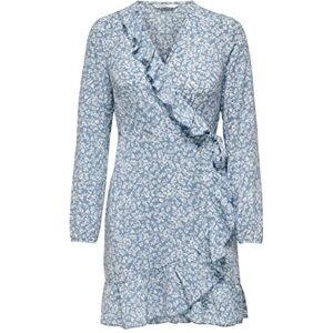 ONLY ENDAST Carly Ruffle Wrap Mini Floral Print Dress, Kashmirblå/aop: vita blad blomma, 34 ONLY ENDAST Carly Ruffle Wrap Mini Floral Print Dress, Kashmirblå/aop: vita blad blomma, 34