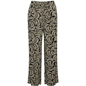 KAFFE Dam casual byxor breda ben elastisk midja fram fickor byxor dam, Svart djup/antikt vitt tryck, 34 KAFFE Dam casual byxor breda ben elastisk midja fram fickor byxor dam, Svart djup/antikt vitt tryck, 34