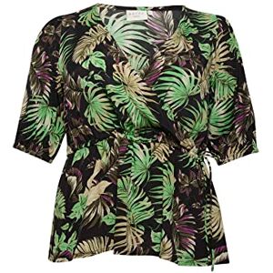 Kaffe Curve Plus-size dam wrap blus halv längd ärmar knytband dam, Grön/svart/lila palmtryck, 40 stor Kaffe Curve Plus-size dam wrap blus halv längd ärmar knytband dam, Grön/svart/lila palmtryck, 40 stor